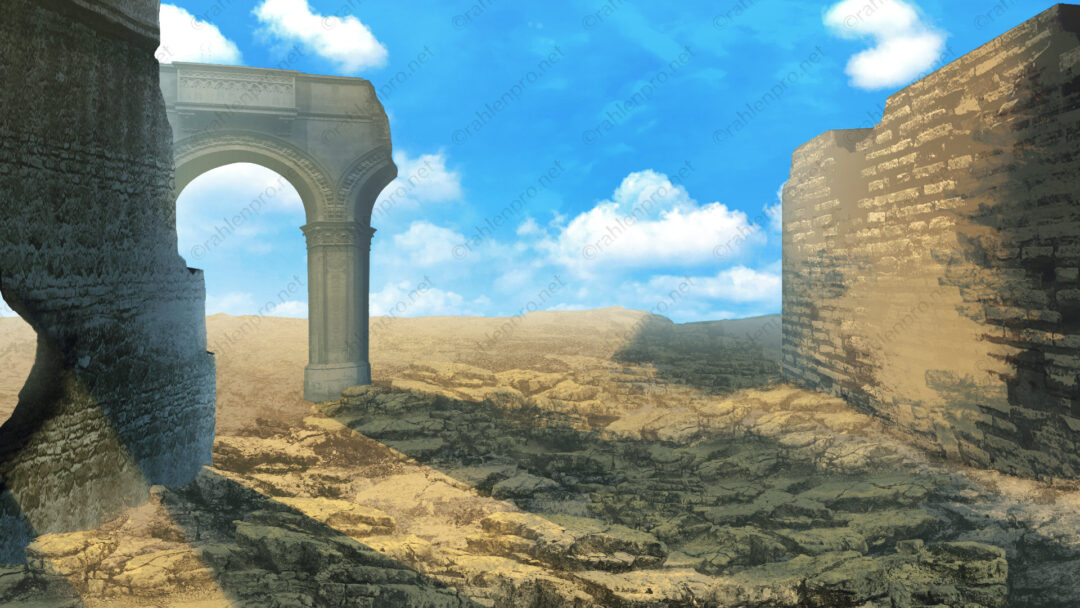 ファンタジー　ゲーム　背景　イラスト　廃墟　遺跡　青空