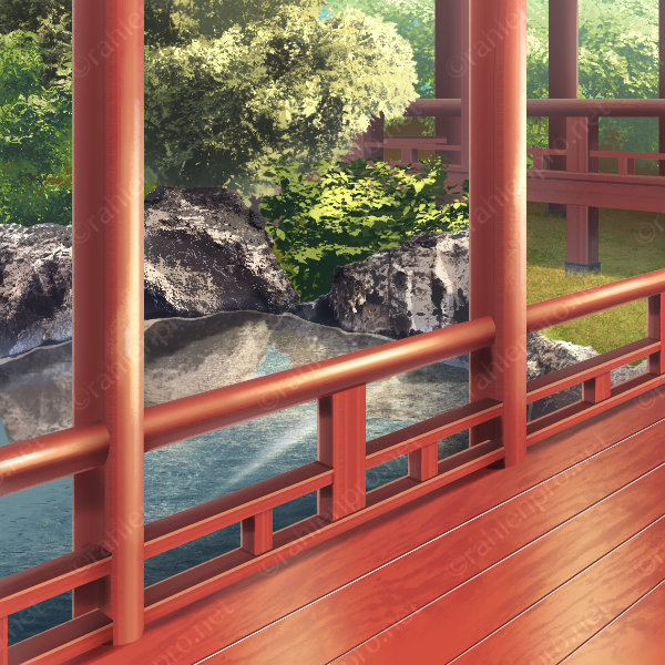 オリジナル　ゲーム　イラスト　背景　和風　夕方　渡り廊下　池
