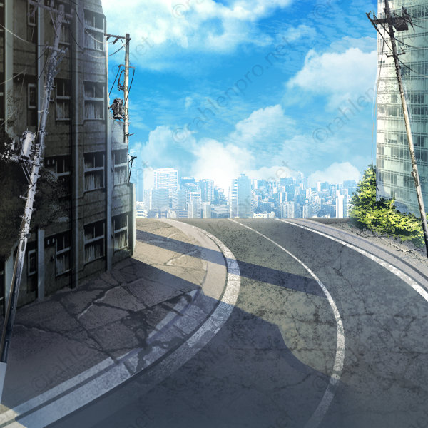 オリジナル　ゲーム　イラスト　背景　現代　ビル　道路　廃墟　青空