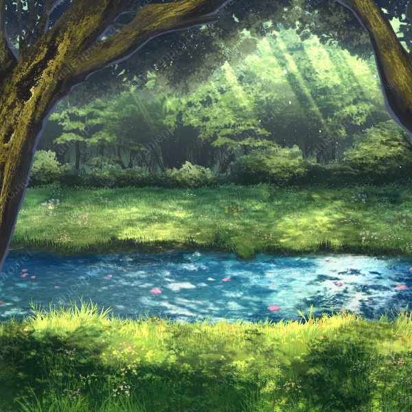 オリジナル　ゲーム　イラスト　ファンタジー　背景　自然　森林　木　木漏れ日　川
