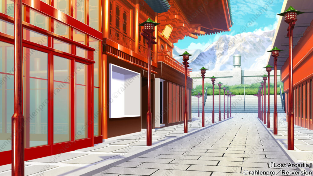 ゲーム 背景 イラスト 中華風 街並み 山脈 青空