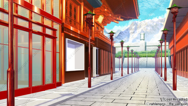 ゲーム　背景　イラスト　中華風　街並み　山脈　青空