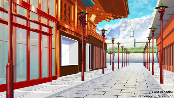 ゲーム　背景　イラスト　中華風　街並み　山脈　青空