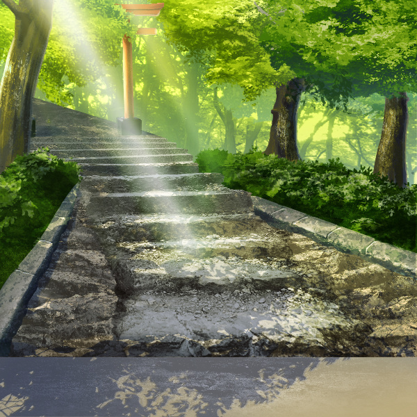 オリジナル 和風 ゲーム 背景 イラスト 森林 階段 木漏れ日 鳥居 自然 風景