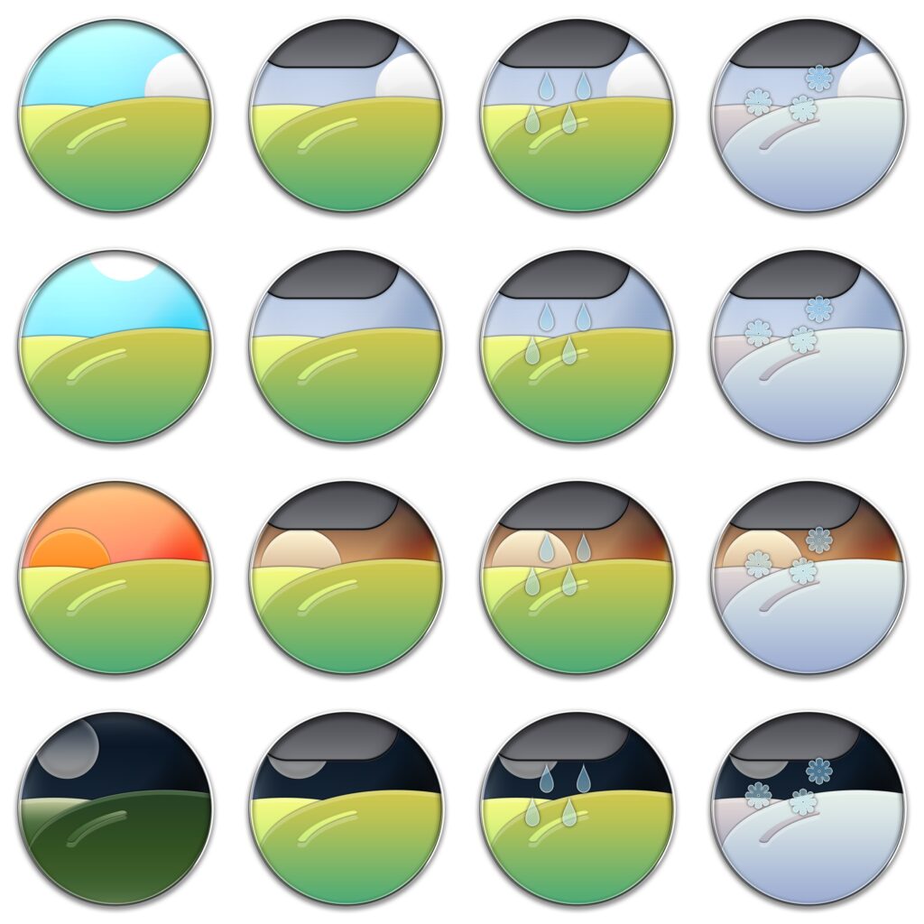 オリジナル　ゲーム　背景　イラスト　アイコン　円　素材　シミュレーション　UI　朝　昼　夕　晩　晴れ　曇り　雨　雪