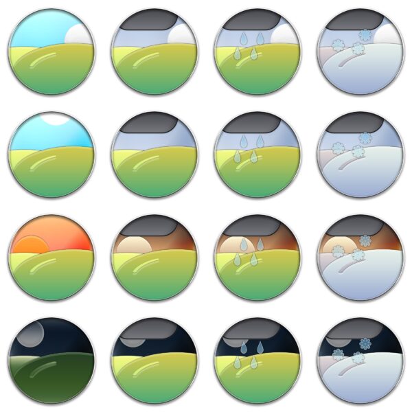 オリジナル　ゲーム　背景　イラスト　アイコン　円　素材　シミュレーション　UI　朝　昼　夕　晩　晴れ　曇り　雨　雪