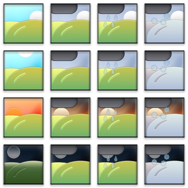 オリジナル　ゲーム　背景　イラスト　アイコン　四角　素材　シミュレーション　UI　朝　昼　夕　晩　晴れ　曇り　雨　雪