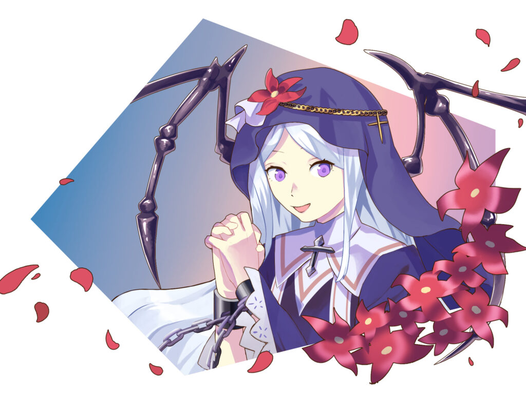 オリジナル　ファンタジー　ゲーム　イラスト　女の子　キャラクター　祈る　赤色　花