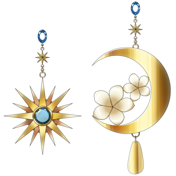オリジナル　アクセサリー　イラスト　ファンタジー　金　宝石　ジャスミン　花　ピアス　太陽　月