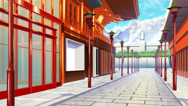 オリジナル　ゲーム　背景　イラスト　中華風　街並み　山脈　青空
