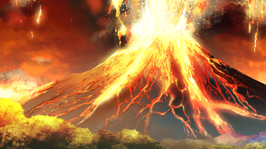 オリジナル　ゲーム　背景　イラスト　富士山　噴火　噴煙
