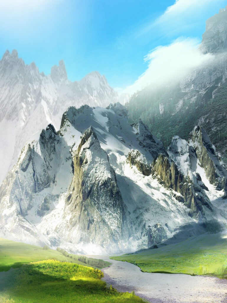 オリジナル ファンタジー ゲーム 背景 イラスト コンセプトアート 自然 風景 山 草原