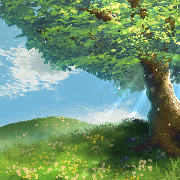 オリジナル　ゲーム　背景　イラスト　ファンタジー　青空　樹木　野原　木漏れ日