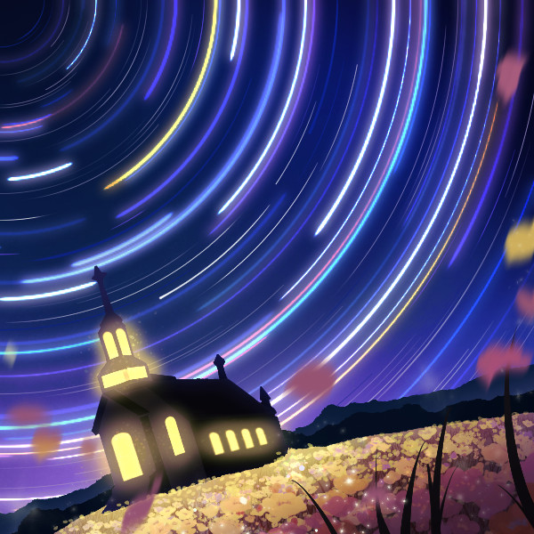 オリジナル　ゲーム　背景　イラスト　ファンタジー　夜　星　軌跡　花園　教会