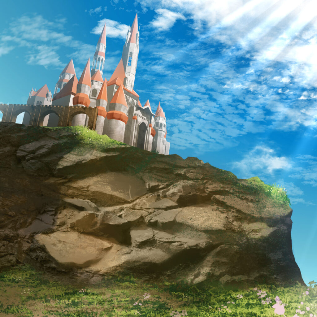 オリジナル　ゲーム　背景　イラスト　ファンタジー　青空　崖　城