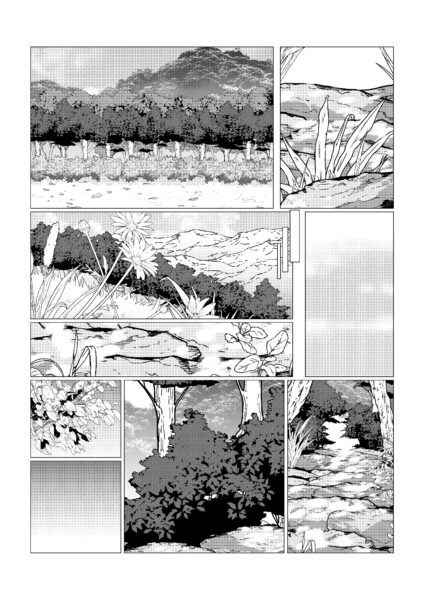 モノクロ　漫画　背景　現代　自然　山道　森　植物